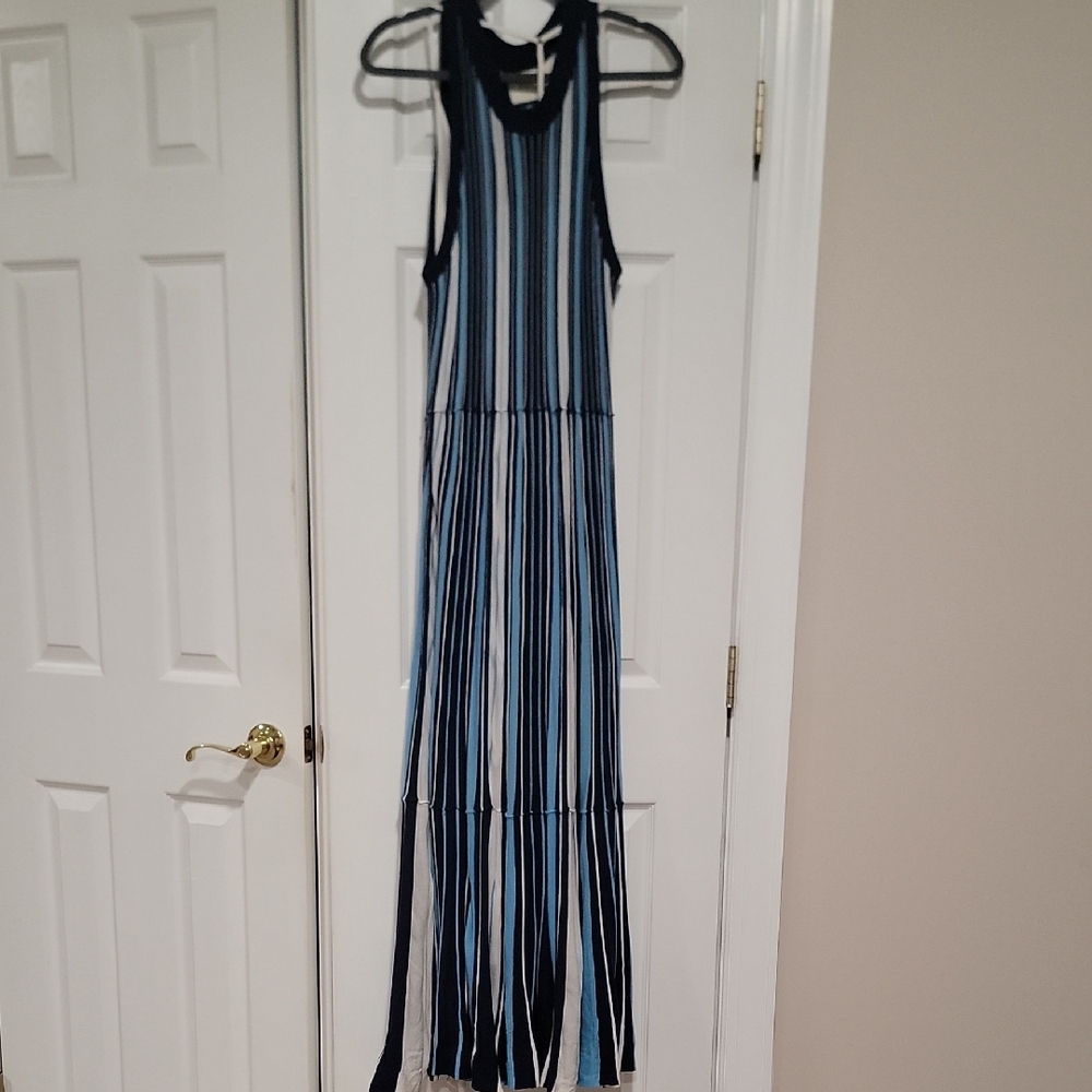 Maeve Navy, Light Blue & White Striped Maxi Dress